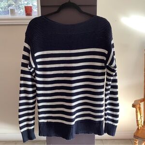 Lauren Ralph Lauren Navy & White Striped Fine Ribbed 100% Cotton Sweater Size S